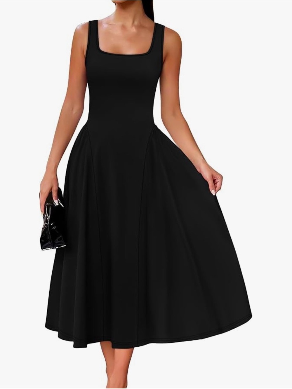 Classic Black Midi Dress with Square Neck - Picture 2 of 2